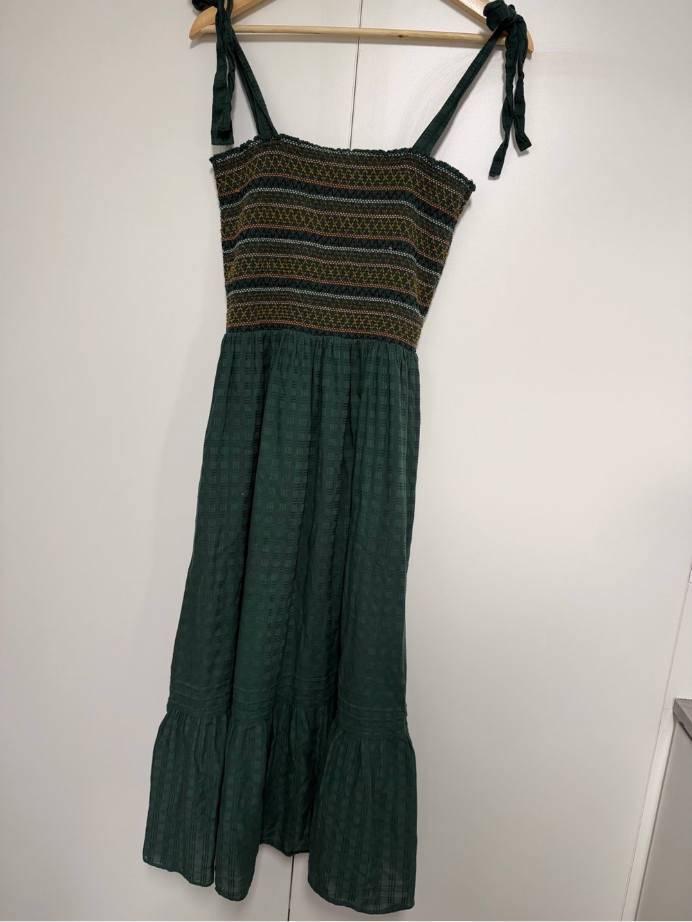 THE GREAT. Forest Green Smocked Tie-Shoulder Dress